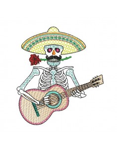 Motif de broderie machine mylar  squelette muerta mexicain avec guitare