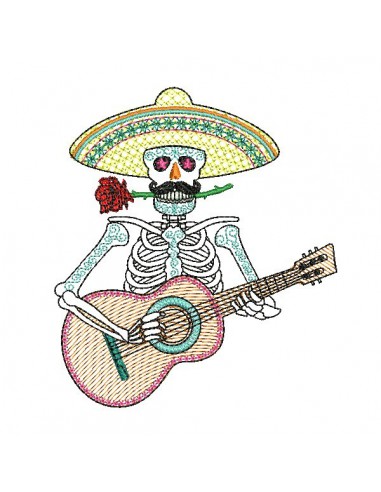 Motif de broderie machine mylar  squelette muerta mexicain avec guitare