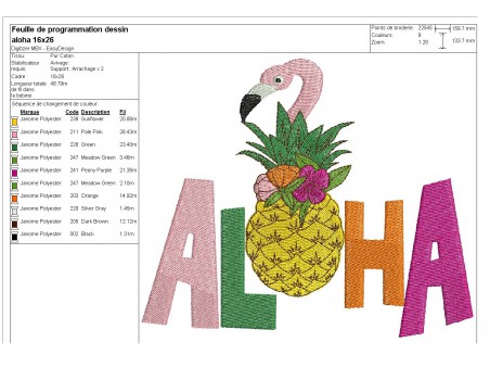 Motif de broderie machine  ananas flamant rose  aloha