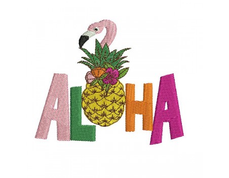 Motif de broderie machine  ananas flamant rose  aloha