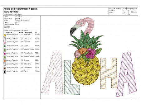 Motif de broderie machine  ananas flamant rose  aloha en mylar