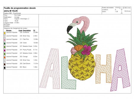 Motif de broderie machine  ananas flamant rose  aloha en mylar