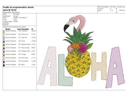 Motif de broderie machine  ananas flamant rose  aloha en mylar