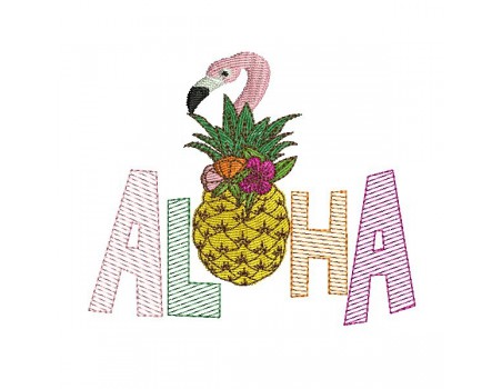 Motif de broderie machine  ananas flamant rose  aloha en mylar