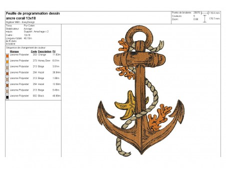 Motif de broderie  machine ancre marine avec ses coraux