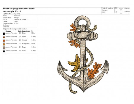 Motif de broderie  machine ancre marine avec ses coraux en mylar