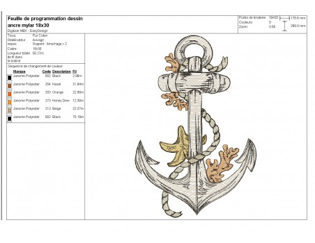 Motif de broderie  machine ancre marine avec ses coraux en mylar