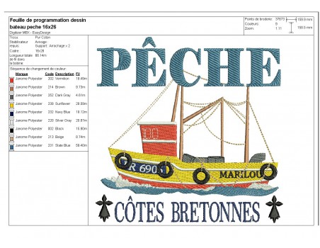 Motif de broderie  machine bateau pêche