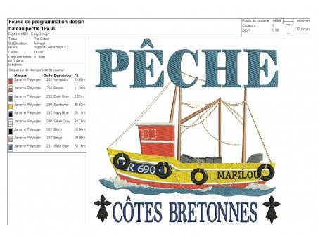 Motif de broderie  machine bateau pêche