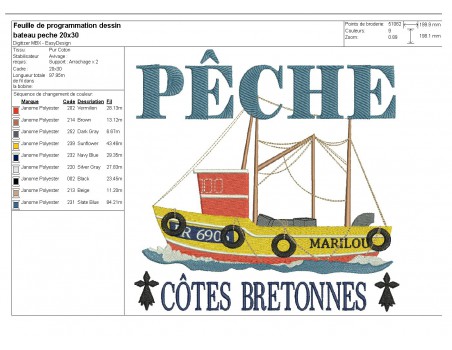 Motif de broderie  machine bateau pêche