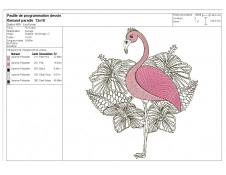 Motif de broderie machine flamant rose fleurs tropicales