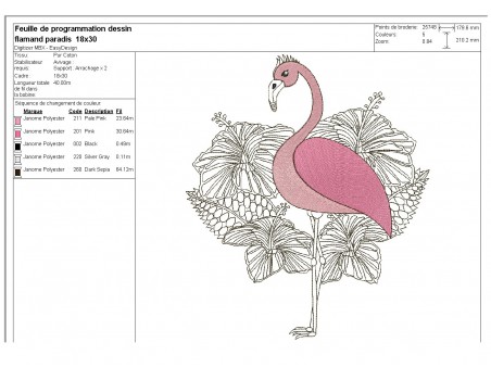 Motif de broderie machine flamant rose fleurs tropicales