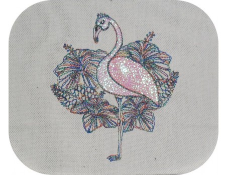 Motif de broderie machine flamant rose fleurs tropicales en mylar