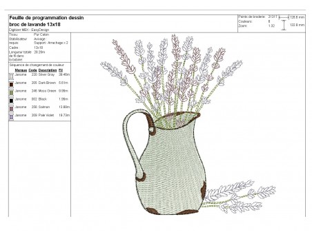 Motif de broderie machine  broc  de lavande