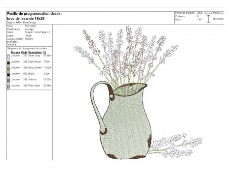 Motif de broderie machine  broc  de lavande