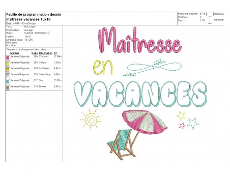 Motif de broderie texte maîtresse en vacances