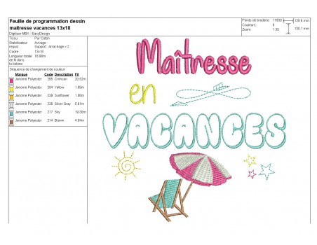 Motif de broderie texte maîtresse en vacances