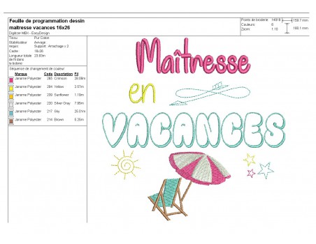 Motif de broderie texte maîtresse en vacances