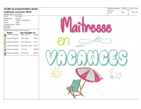 Motif de broderie texte maîtresse en vacances