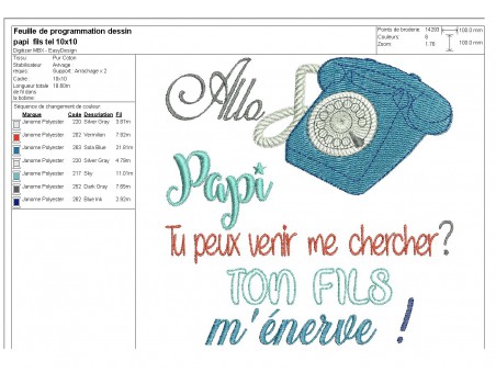 Motif de broderie  texte allo  papi fils