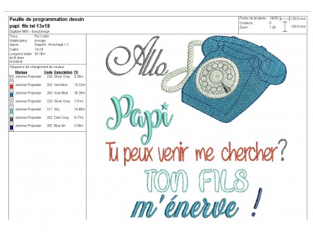 Motif de broderie  texte allo  papi fils