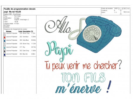 Motif de broderie  texte allo  papi fils