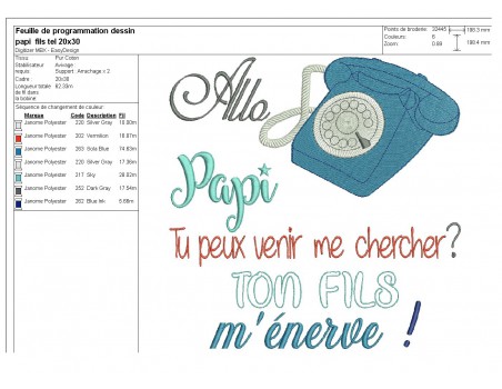 Motif de broderie  texte allo  papi fils