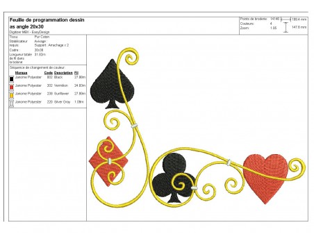 Motif de broderie machine as angle jeu de  cartes couleurs