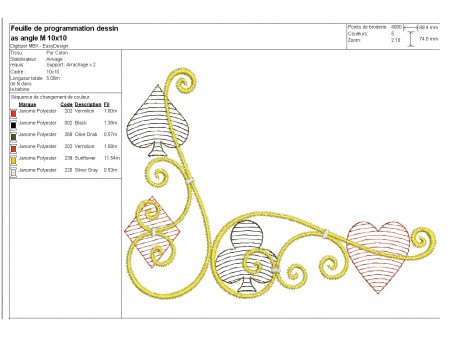 Motif de broderie machine as angle jeu de  cartes couleurs en mylar