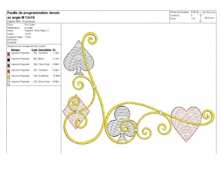Motif de broderie machine as angle jeu de  cartes couleurs en mylar