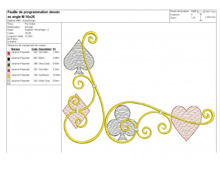 Motif de broderie machine as angle jeu de  cartes couleurs en mylar