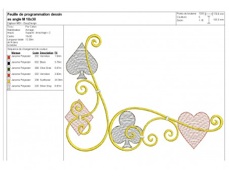 Motif de broderie machine as angle jeu de  cartes couleurs en mylar
