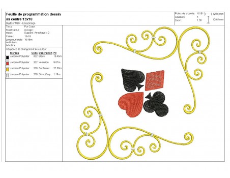 Motif de broderie machine as centre jeu de  cartes couleurs