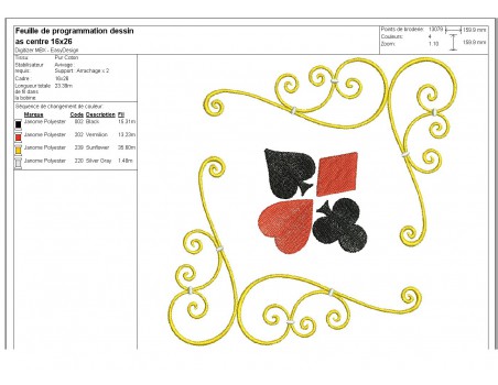 Motif de broderie machine as centre jeu de  cartes couleurs