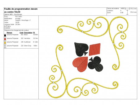 Motif de broderie machine as centre jeu de  cartes couleurs