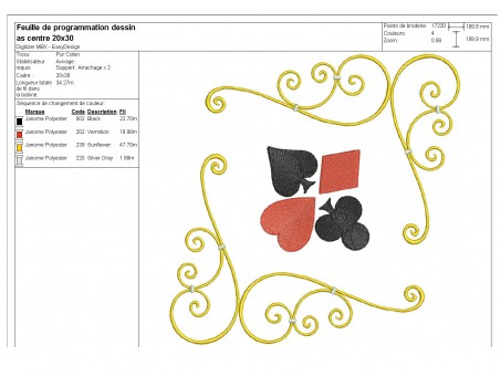 Motif de broderie machine as centre jeu de  cartes couleurs