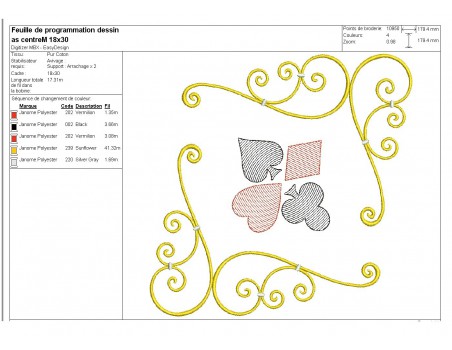 Motif de broderie machine as centre jeu de  cartes couleurs en mylar