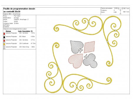 Motif de broderie machine as centre jeu de  cartes couleurs en mylar