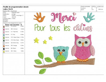 Motif de broderie texte  chouettes câlins