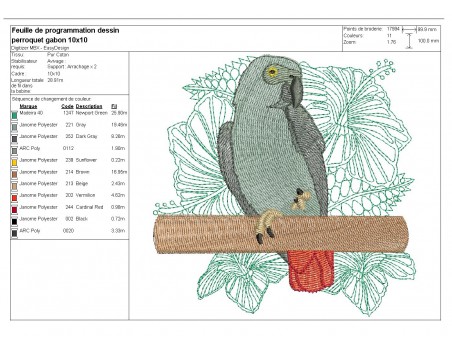 Motif de broderie  machine perroquet gris du Gabon