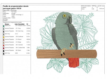 Motif de broderie  machine perroquet gris du Gabon