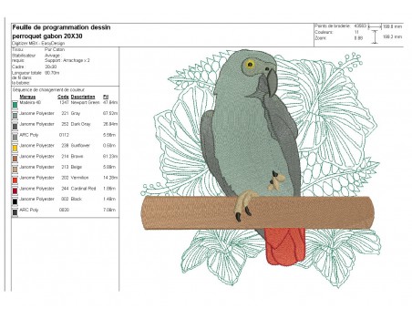 Motif de broderie  machine perroquet gris du Gabon