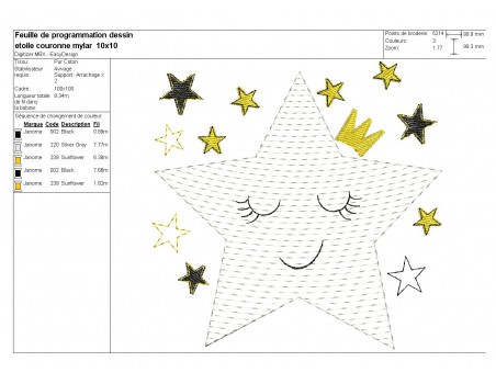 Motif de broderie machine étoile couronne en mylar