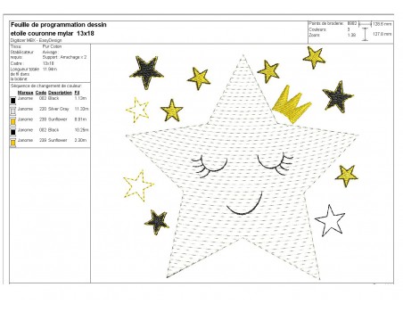 Motif de broderie machine étoile couronne en mylar