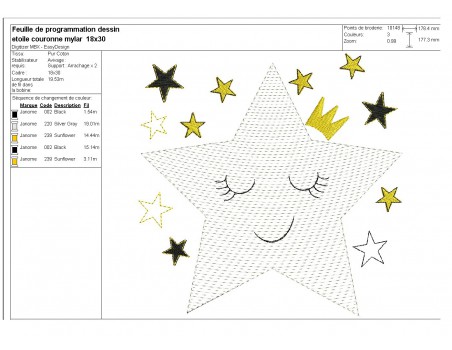 Motif de broderie machine étoile couronne en mylar