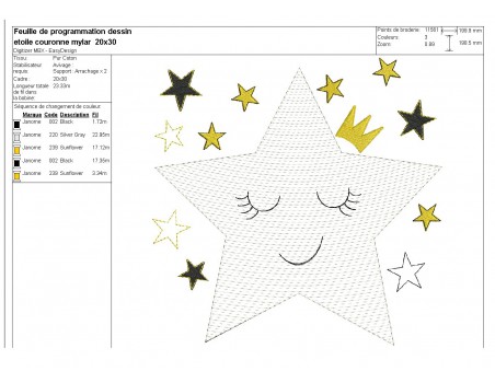 Motif de broderie machine étoile couronne en mylar