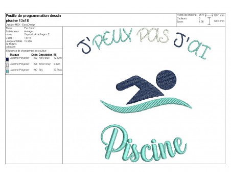 Motif de broderie machine texte j'peux pas j'ai  piscine