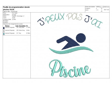 Motif de broderie machine texte j'peux pas j'ai  piscine