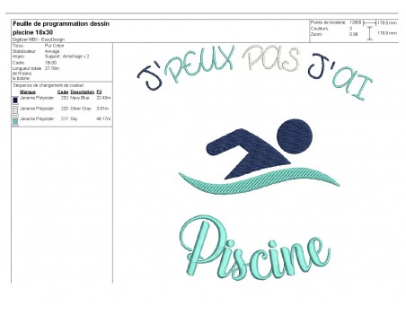 Motif de broderie machine texte j'peux pas j'ai  piscine