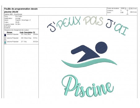 Motif de broderie machine texte j'peux pas j'ai  piscine